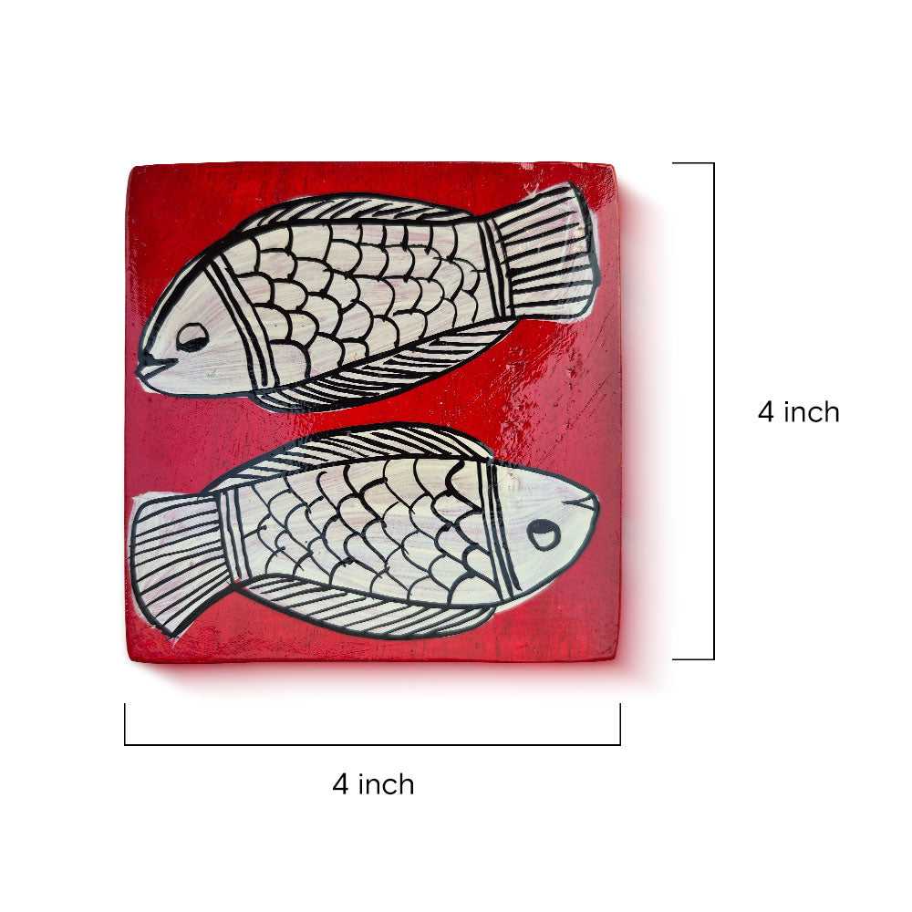 Pattachitra Dual Fish Coaster - Hand-Painted Red Art