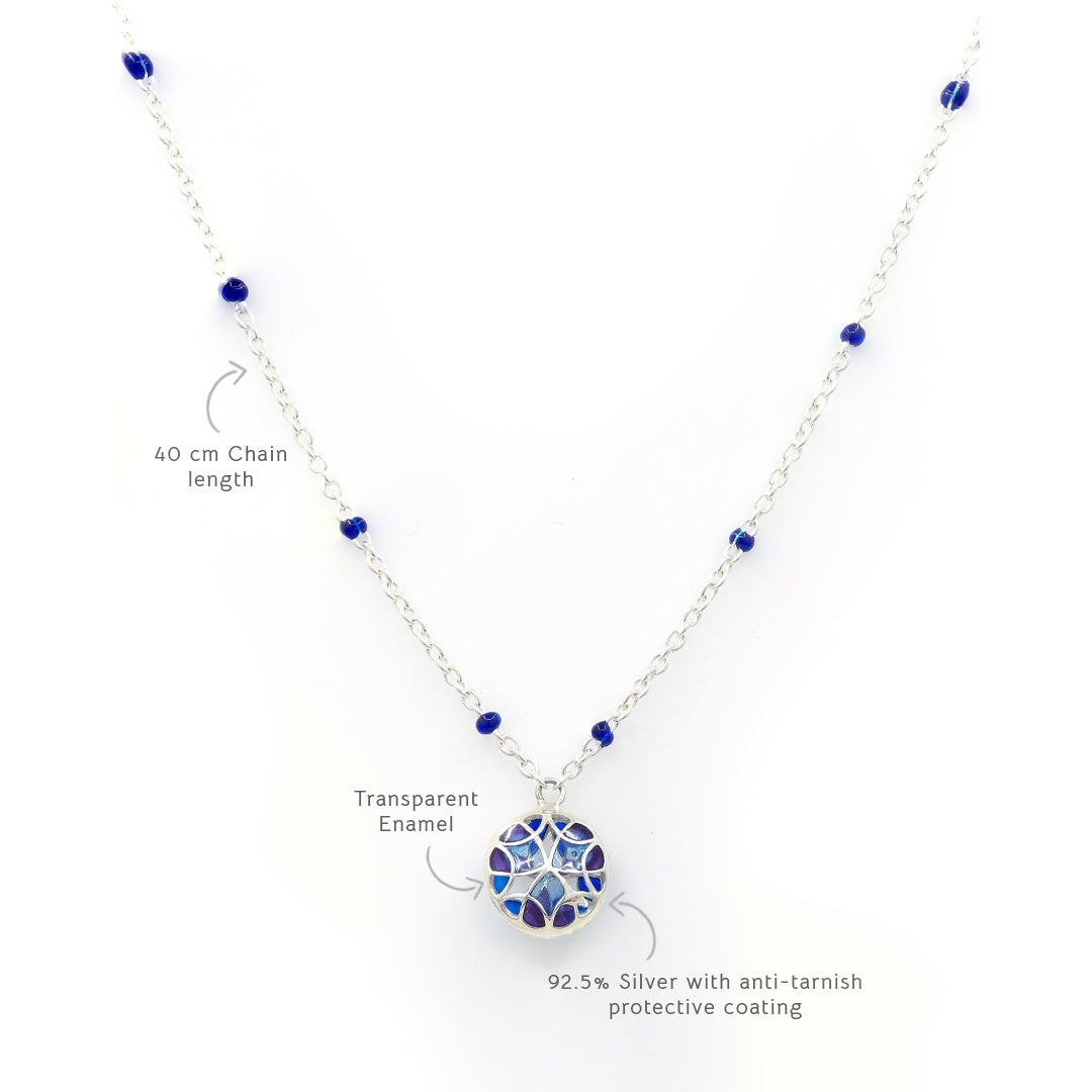 Silver Bead Chain Necklace with Blue Mosaic Enamel Pendant