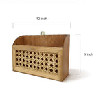 Vintage Wooden Wall Mail Organizer with Rattan Front