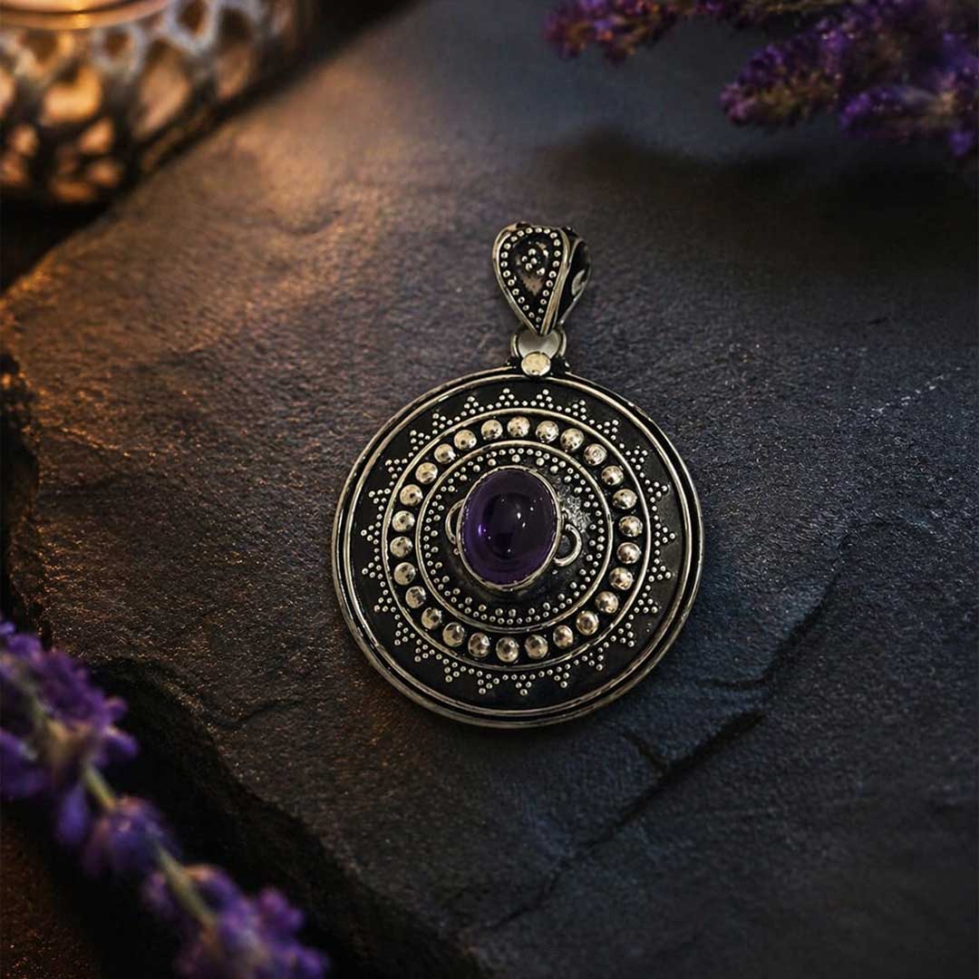 Handcrafted Amethyst Purple Mandala Pendant in Oxidized Silver