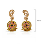 Pair of ornate golden earrings with colorful gemstones on a white background, showing measurement label.