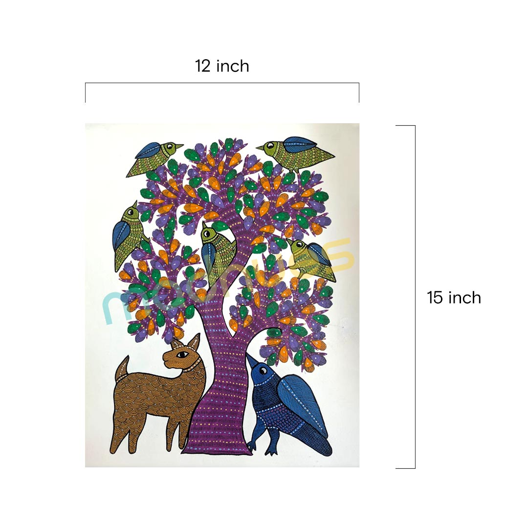 Gond Art Deer and Birds Tree Painting on Paper
