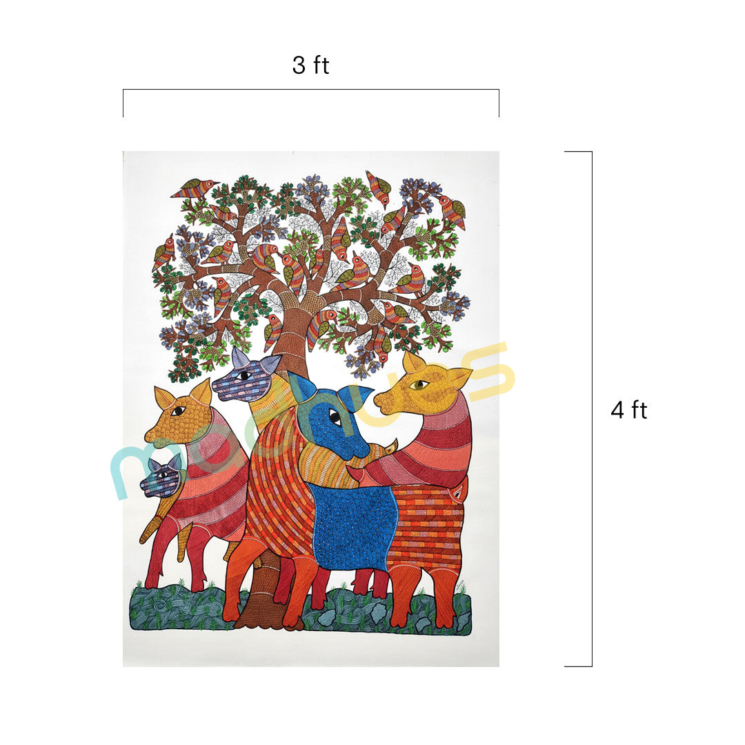 Traditional Gond Art Painting on Paper - Deer and Birds Theme