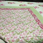 Pink & Green Rose Block Print Quilt - Madhues