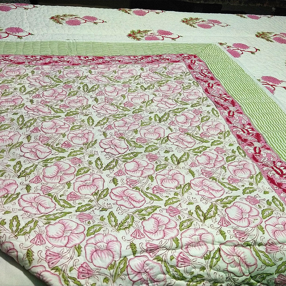 Pink & Green Rose Block Print Quilt