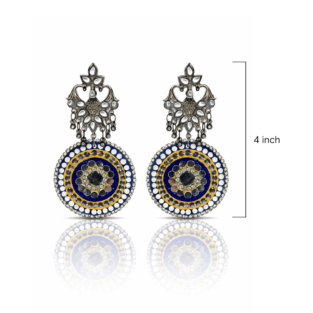 Handmade Blue Mandala Oxidized Silver Earrings
