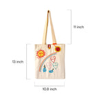 Canvas tote bag with colorful embroidered sun, rainbow, hearts, flowers, and 11x13 inch dimensions