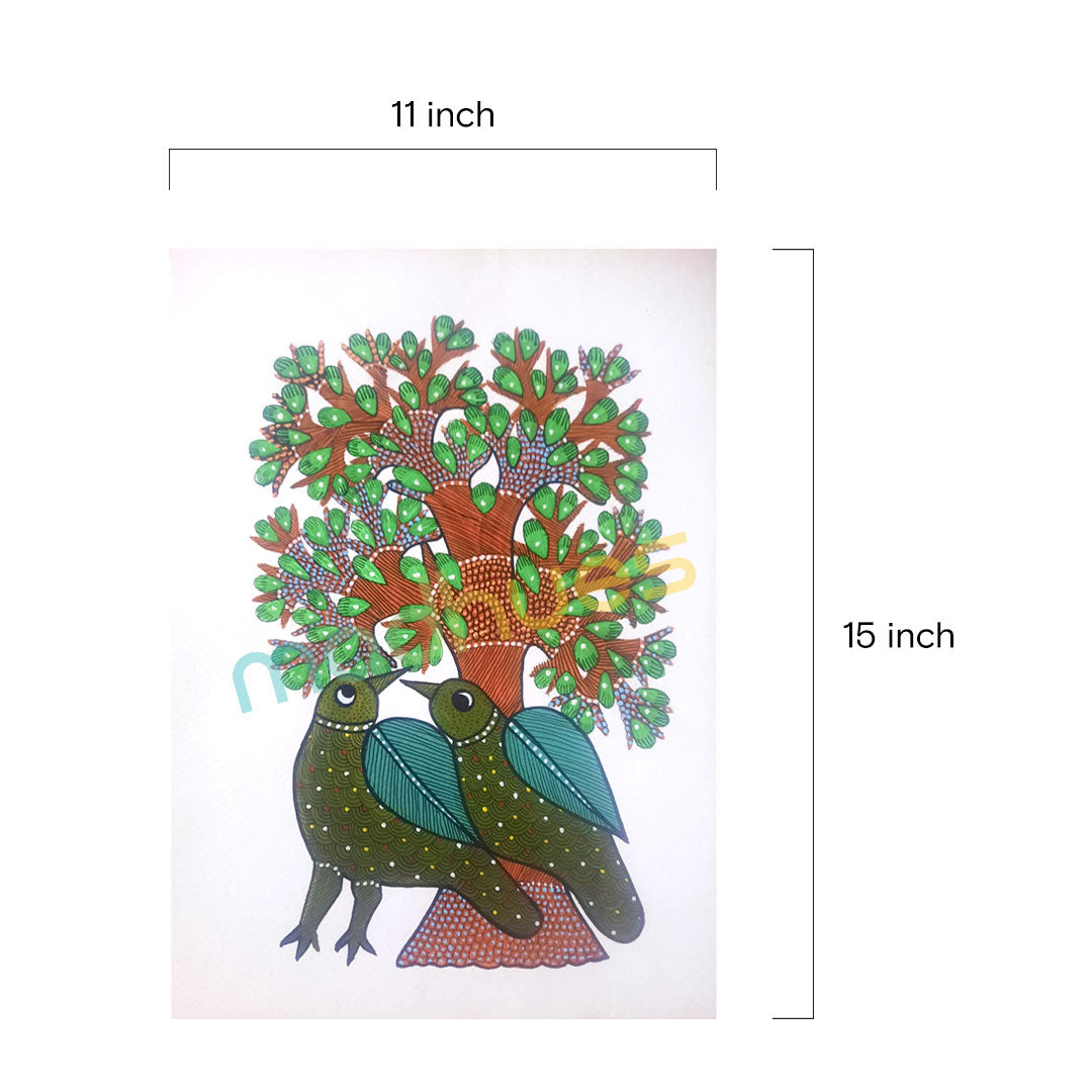 Gond Art Bird Couple on Tree - Handmade Paper Painting
