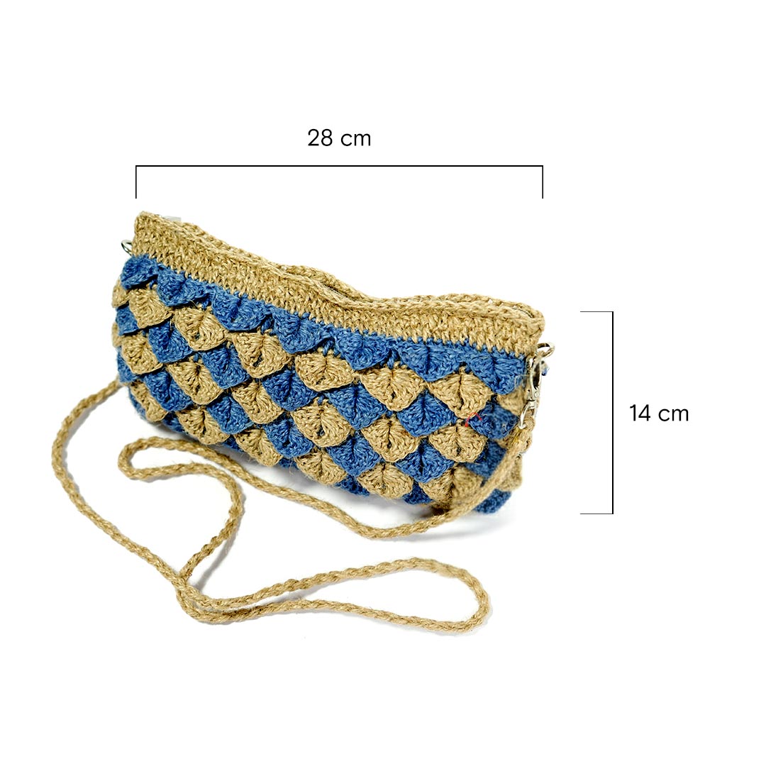 Handmade Jute Crochet Crossbody Bag - Blue & Natural Pattern