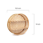 Woven basket with dimensions labeled on a white background