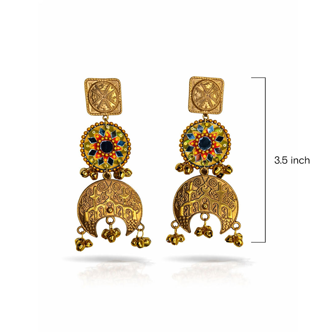 Handmade Mandala Earrings with Mirror Work and Bells