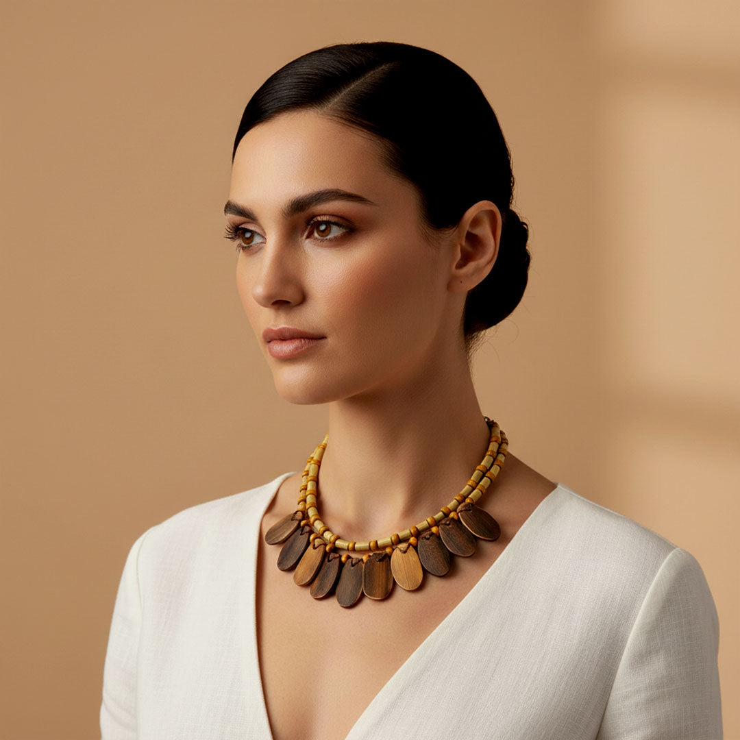 Boho Double Strand Bamboo and Wood Pendant Necklace