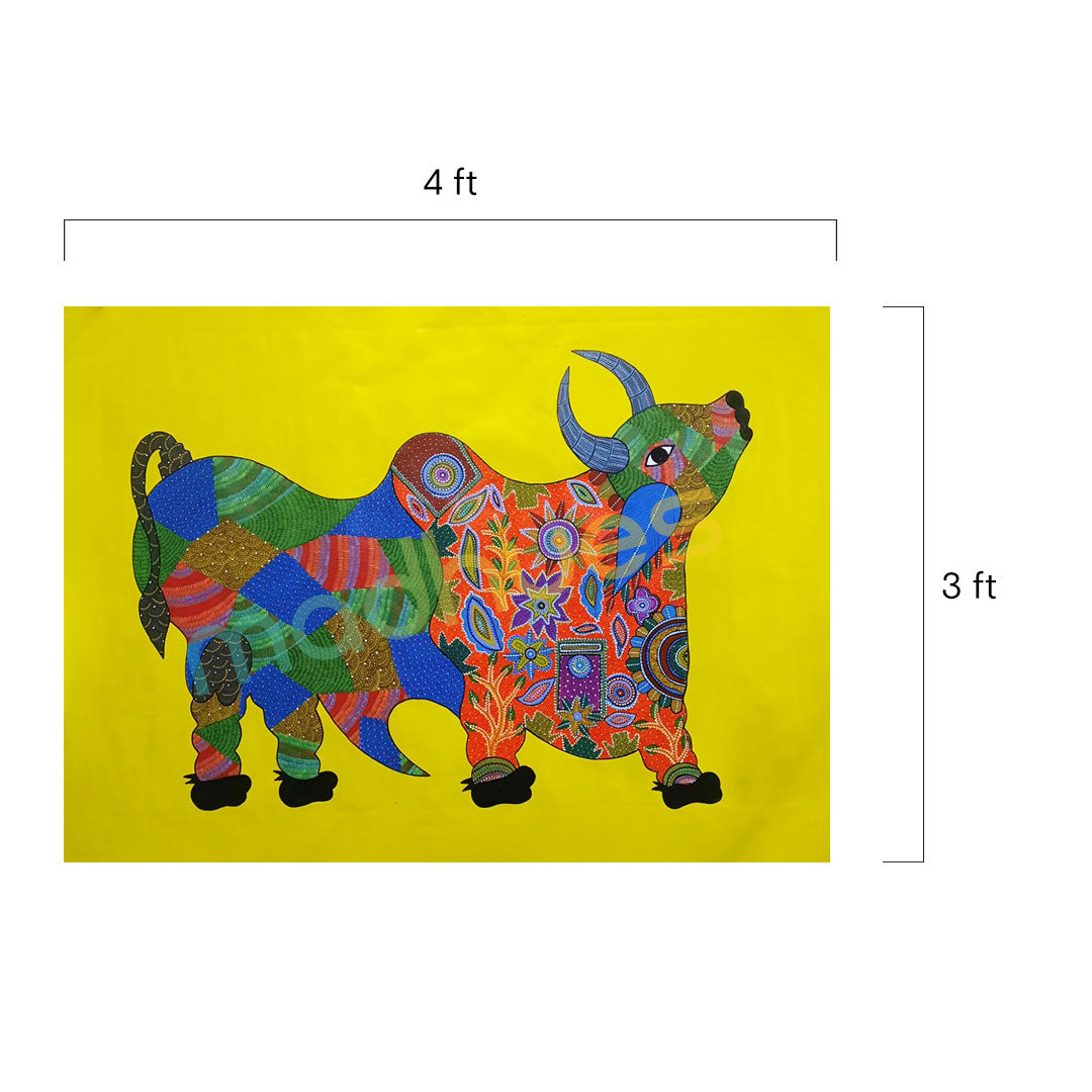 Gond Art: Hand-Painted Colorful Bull on Paper