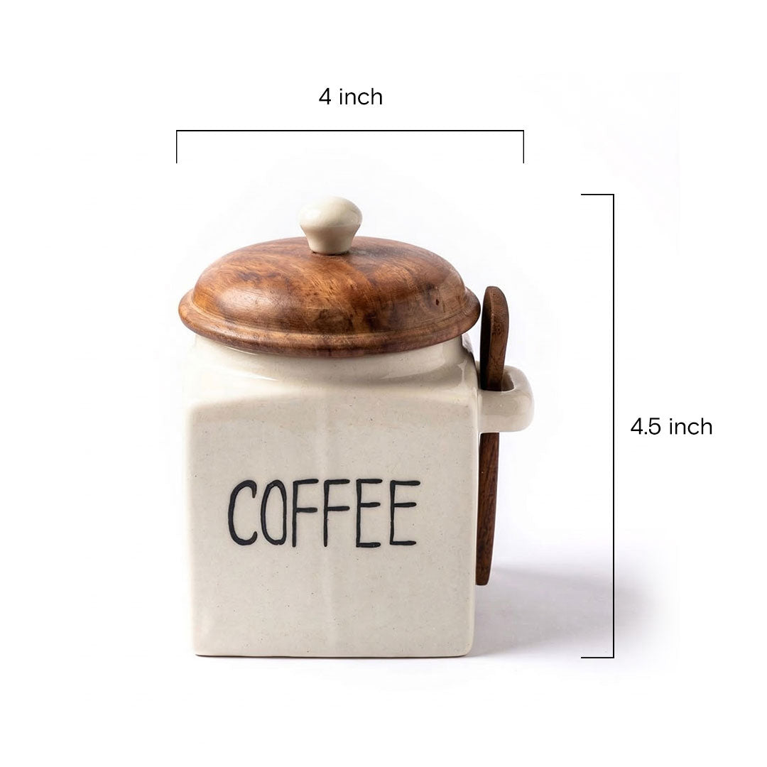 Set of 3 Ceramic Tea Sugar Salt Canisters with Wooden Lids & Spoons