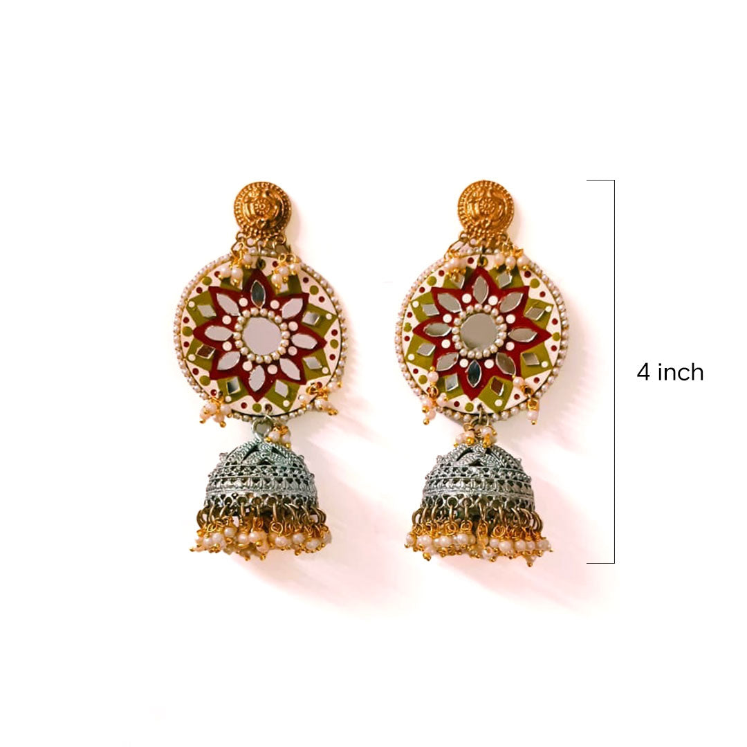 Maroon & Olive Hand-Painted Mirror Jhumka Earrings with Pearl Accents - Image 2