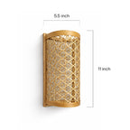 Woven wall sconce with dimensions labeled on a white background