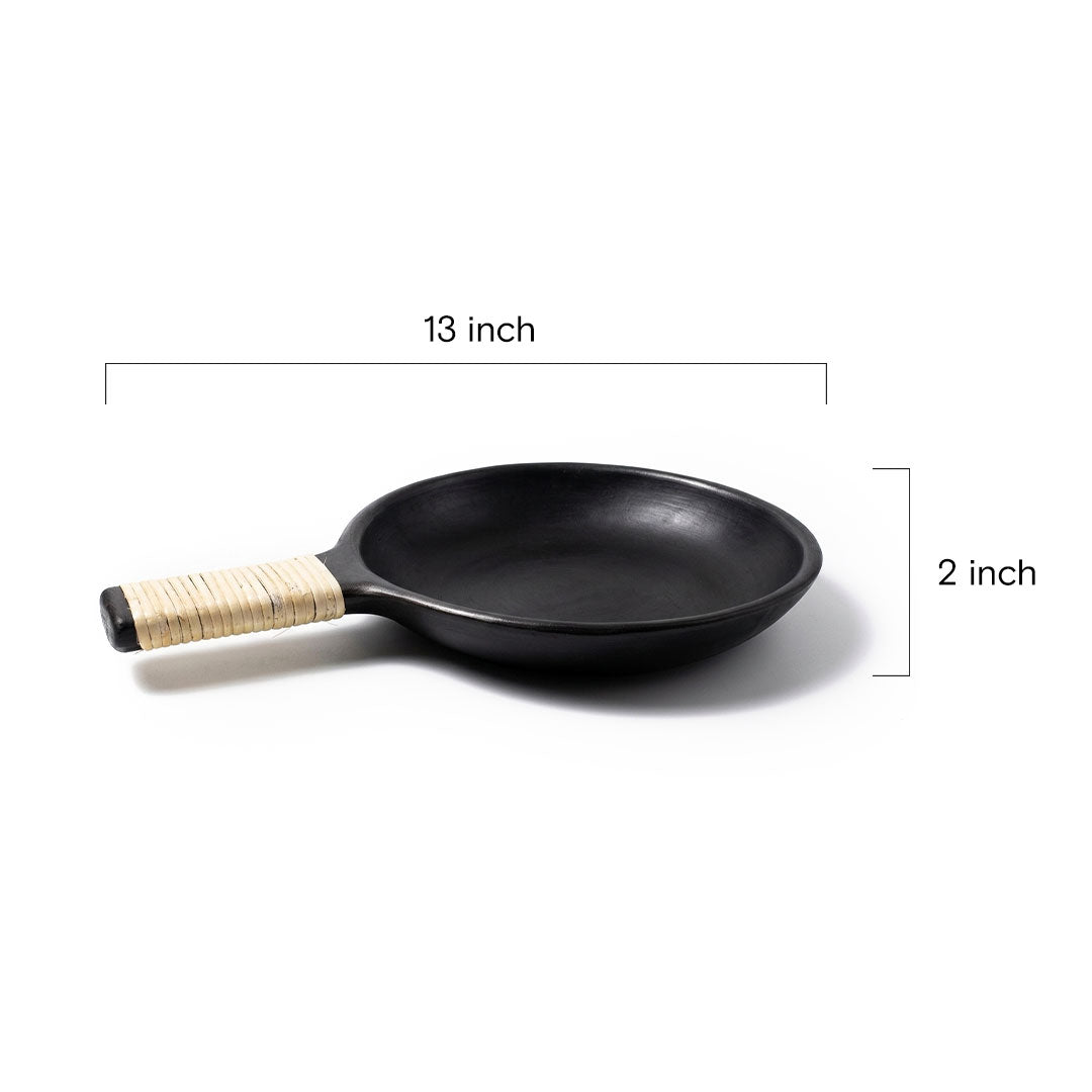 Longpi Black Pottery Skillet Pan with Rattan-Wrapped Handle