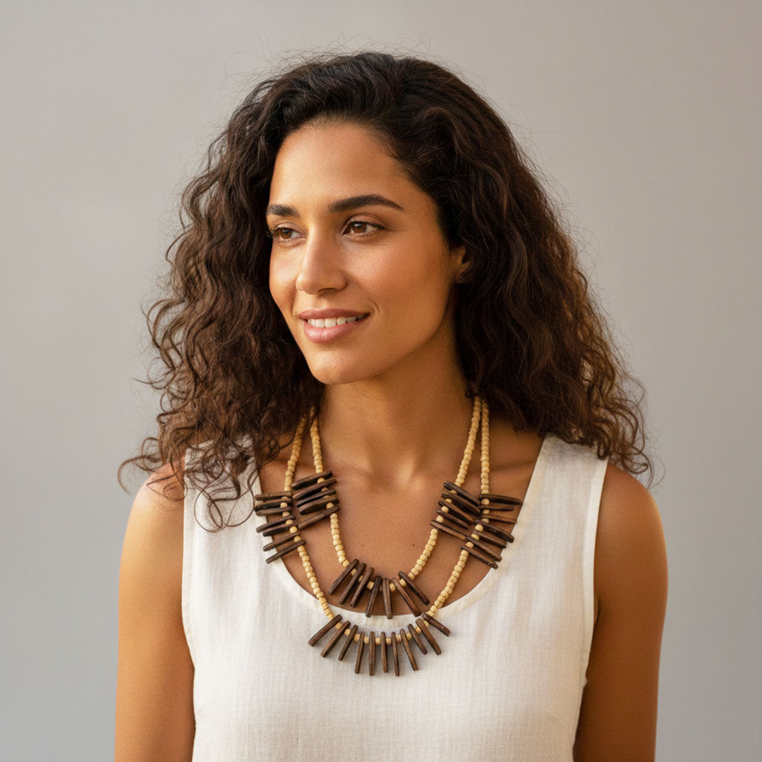 Double Layer Wooden Bead and Stick Statement Necklace