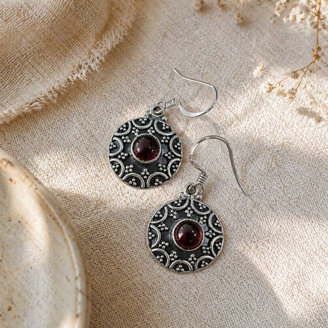 Handcrafted Garnet Red Mandala Drop Earrings in Oxidized Silver