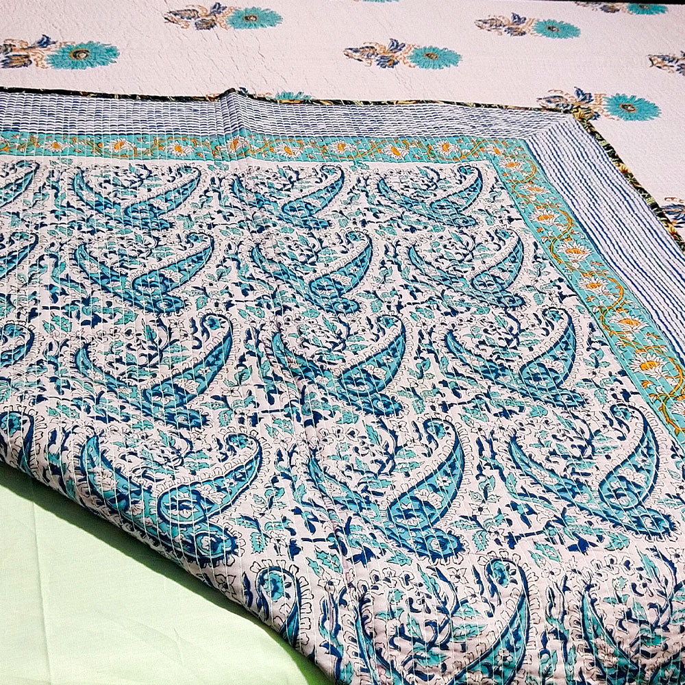 Turquoise Floral Buti Block Print Quilt