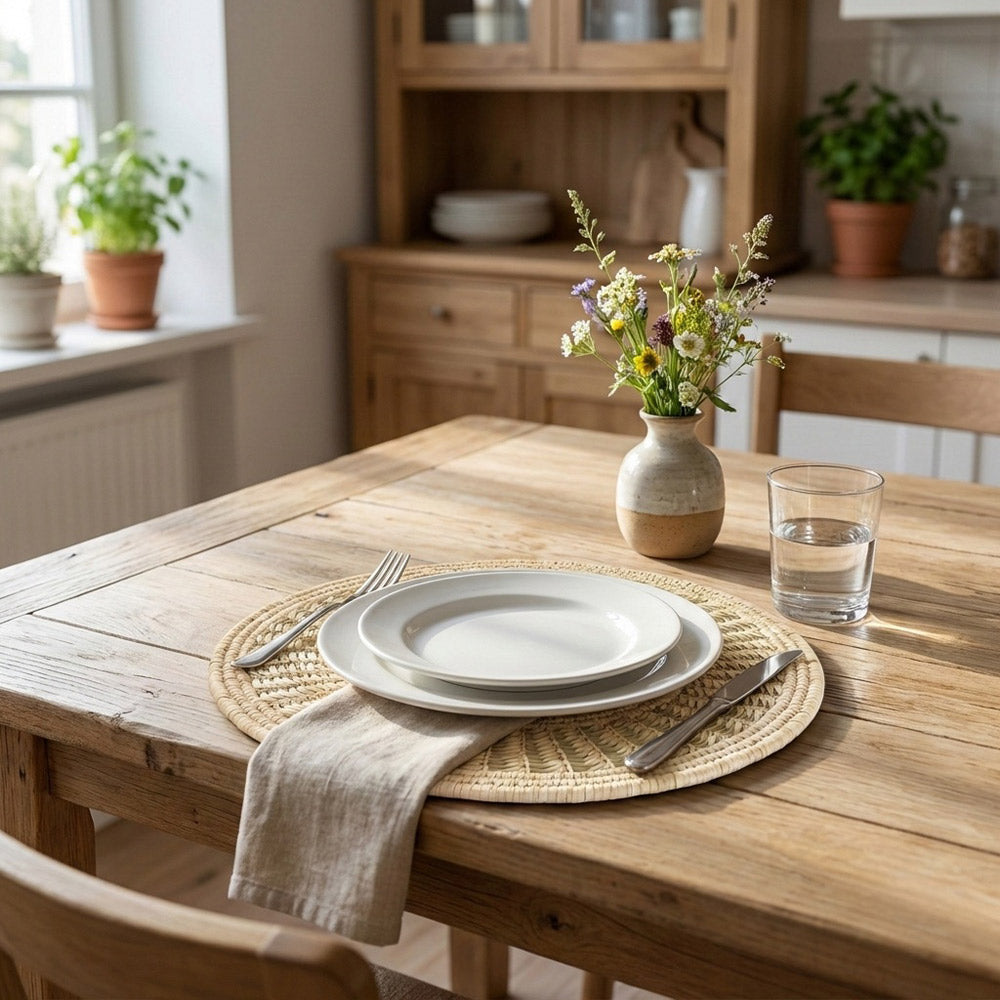 Dining table set with plates, cutlery, and a vase of flowers in a cozy kitchen.