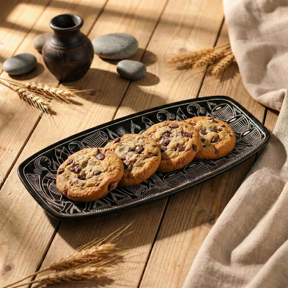 Handcrafted Pattachitra Art Decorative Tray - Black & White Folk Scene