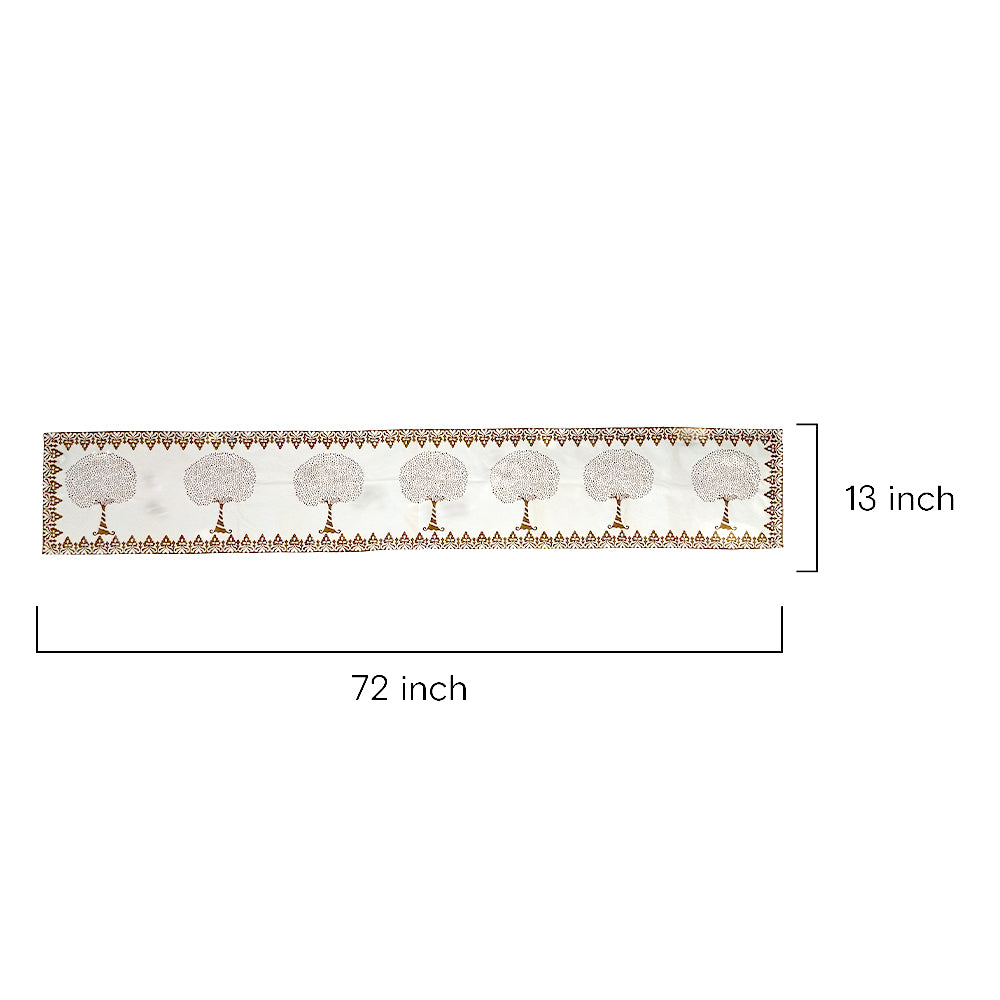 Artisan Block Printed Tree Design Table Runner - White & Brown