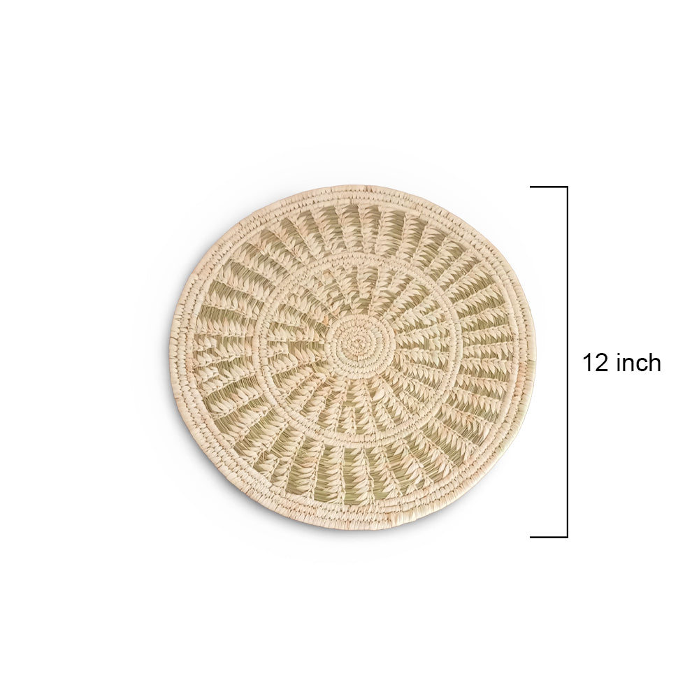 Round woven mat with a measurement label indicating 12 inches on a white background