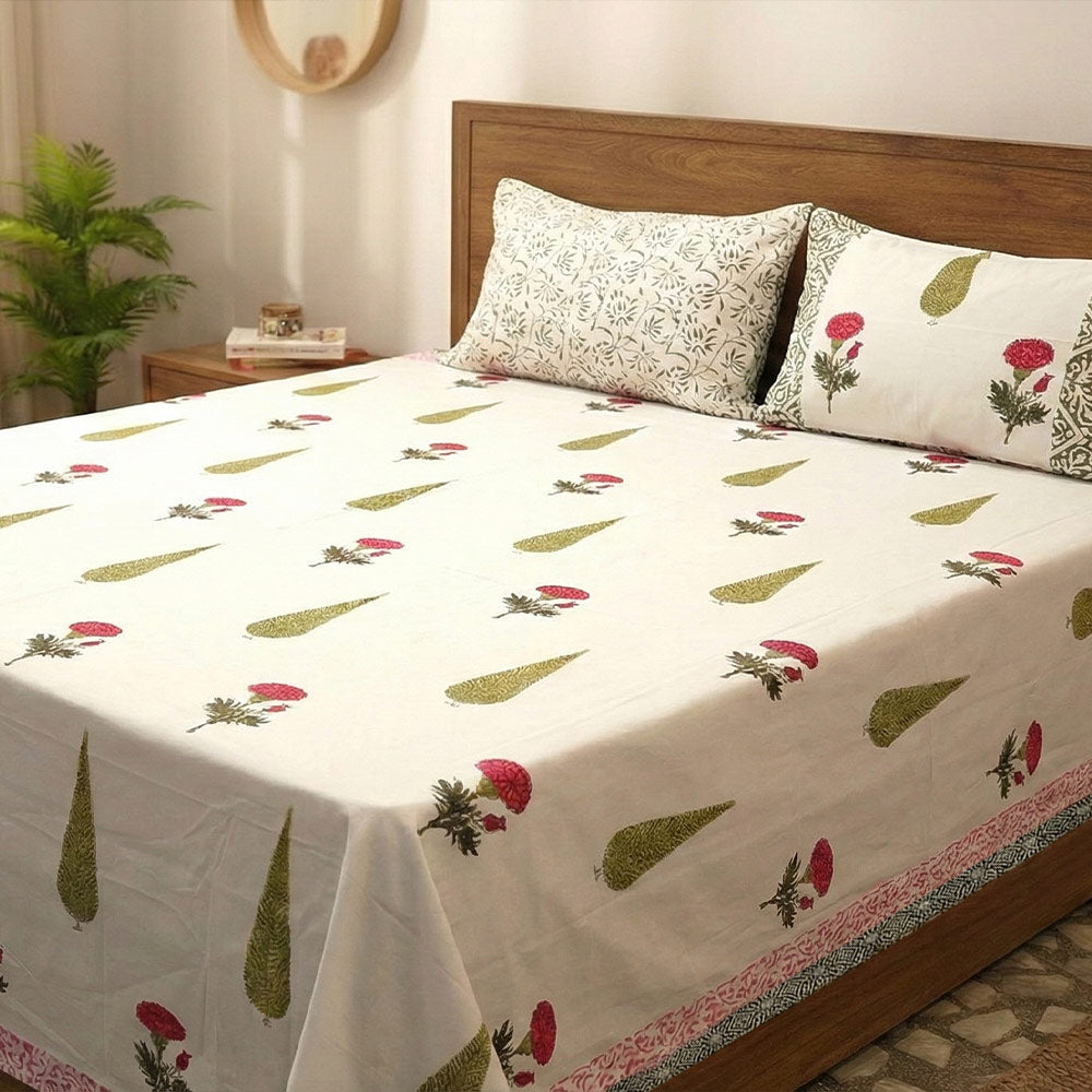 Mughal Bloom Hand-Blocked Cotton Bedsheet with Pillowcases - Madhues