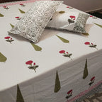 Mughal Bloom Hand-Blocked Cotton Bedsheet with Pillowcases - Madhues