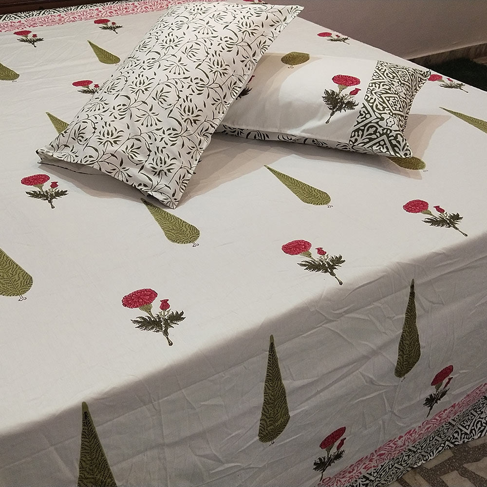 Mughal Bloom Hand-Blocked Cotton Bedsheet with Pillowcases - Madhues