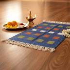 Artisan Handwoven Puja Aasan Mat - Blue Geometric Design