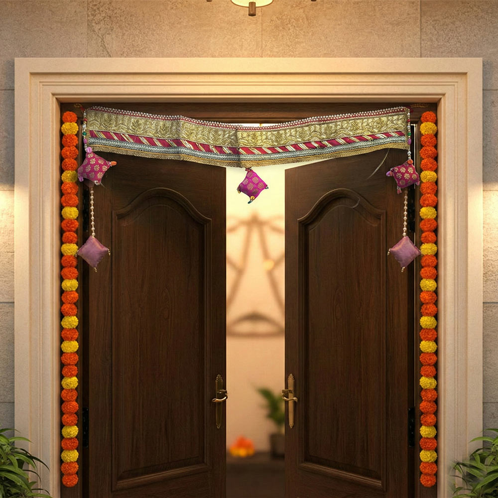 Regal Red & Gold Zari Embroidered Door Toran with Cushion Tassels - Madhues