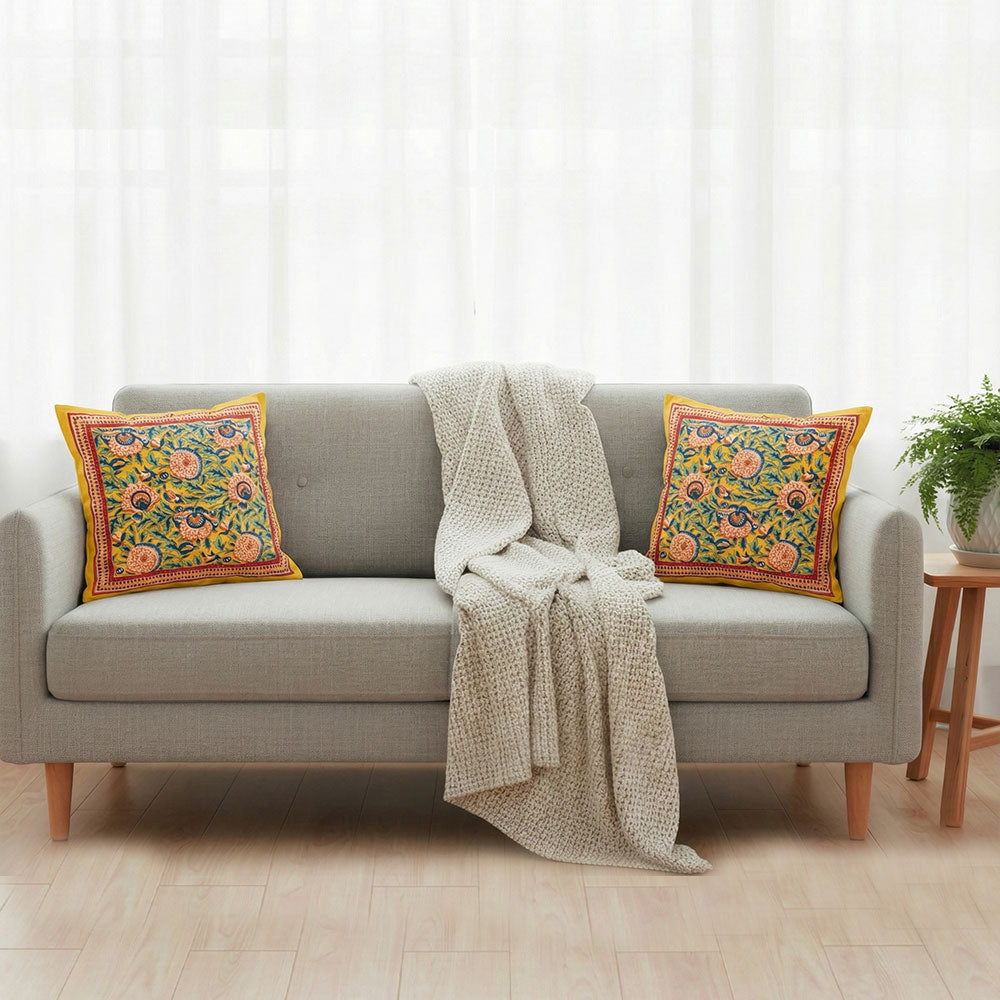 Sunny Yellow Floral Block Print Cushion Cover Set of 2 - Madhues