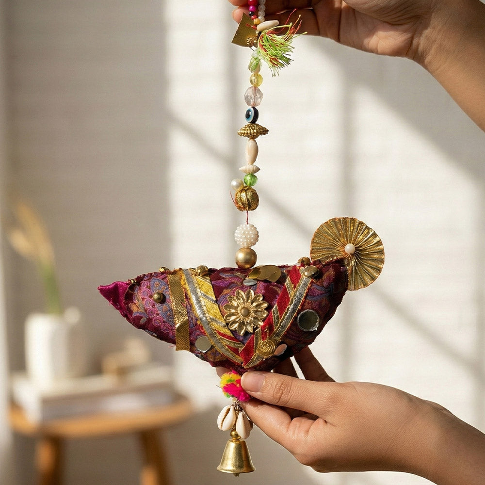 Vibrant Mirror & Beadwork Fabric Art Hanging - Madhues