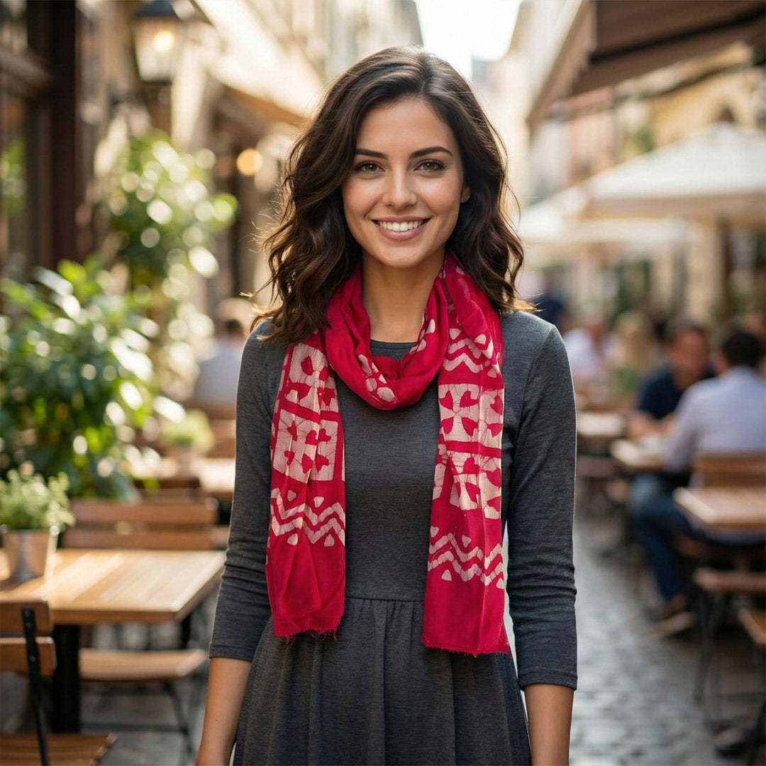 Red Block Printed Cotton Scarf - Handcrafted Design