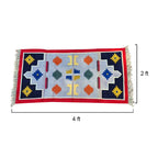 Colorful patterned rug with dimensions on a white background