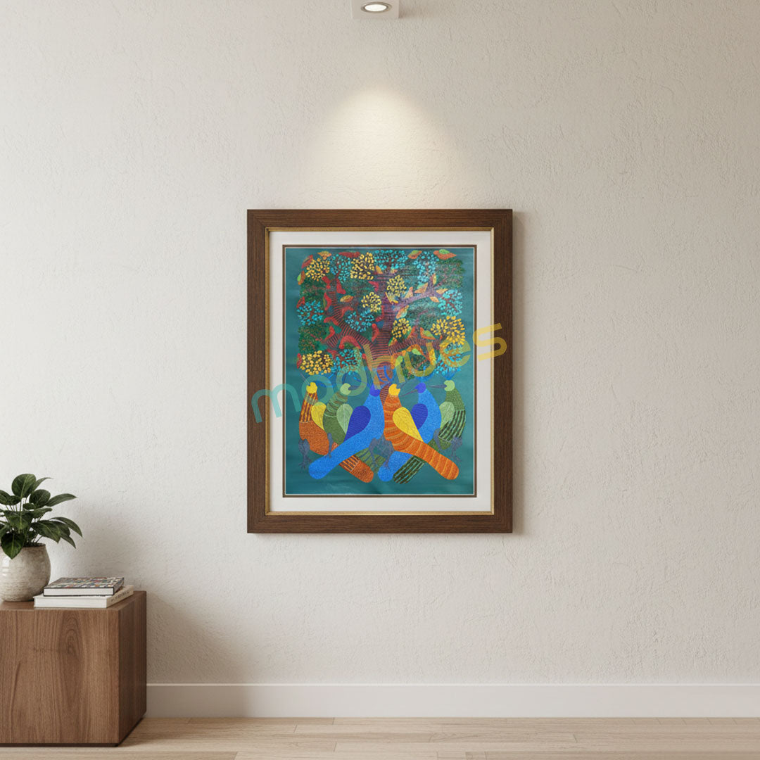 Hand-Painted Gond Art Bird & Tree Paper Painting