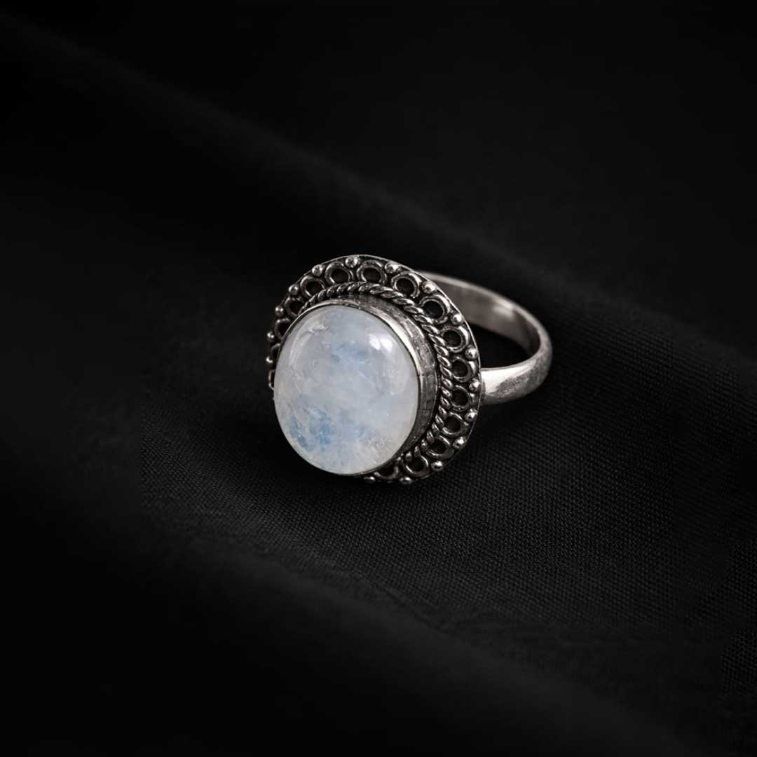Handcrafted Moonstone Statement Ring with Ornate Silver Detailing