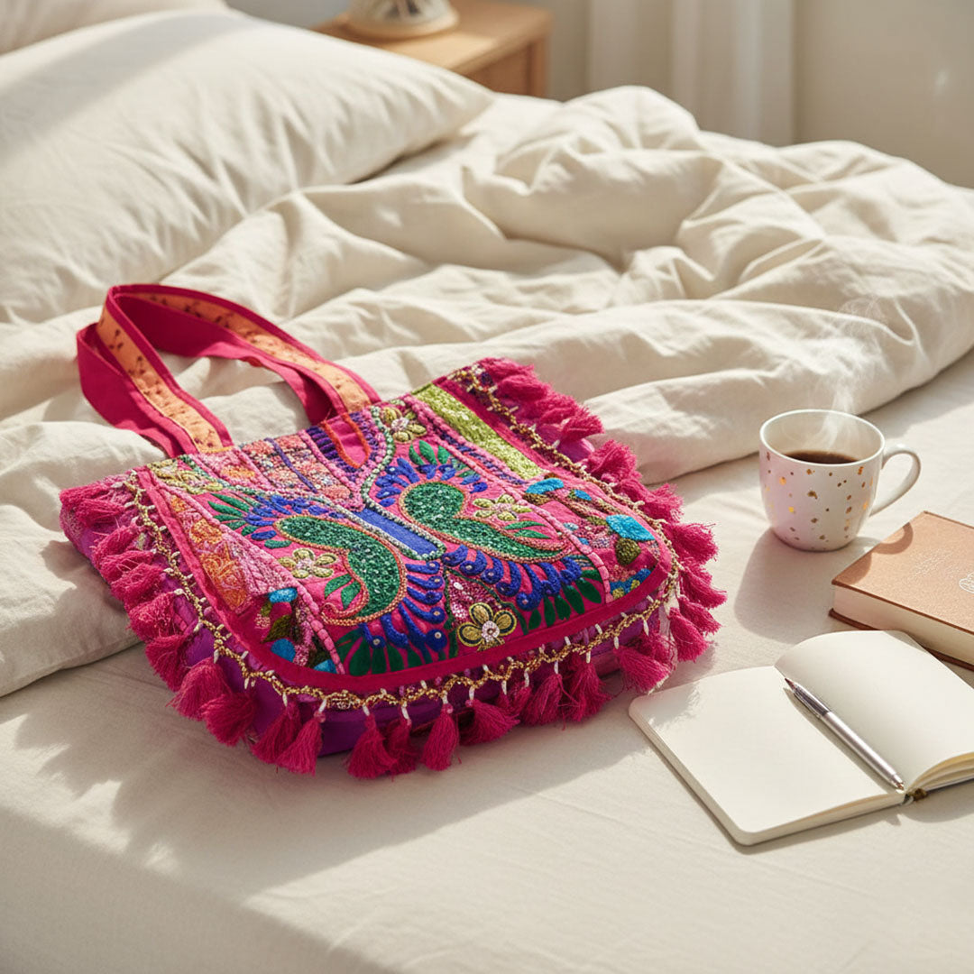 Pink Kasida Kari Embroidered Boho Tote Bag with Tassels