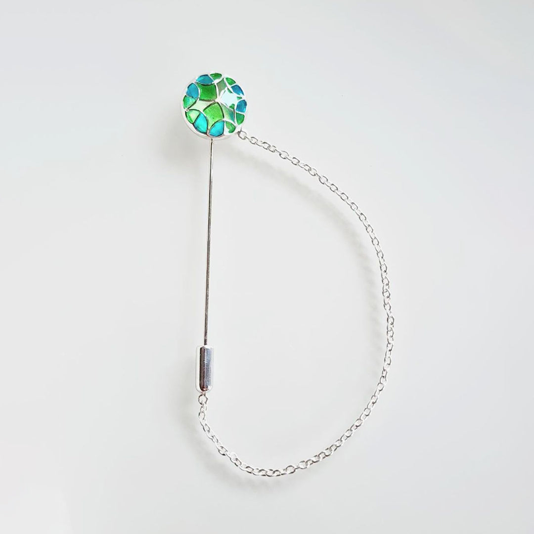 Handcrafted Mosaic Lapel Pin in Emerald Green and Azure Blue
