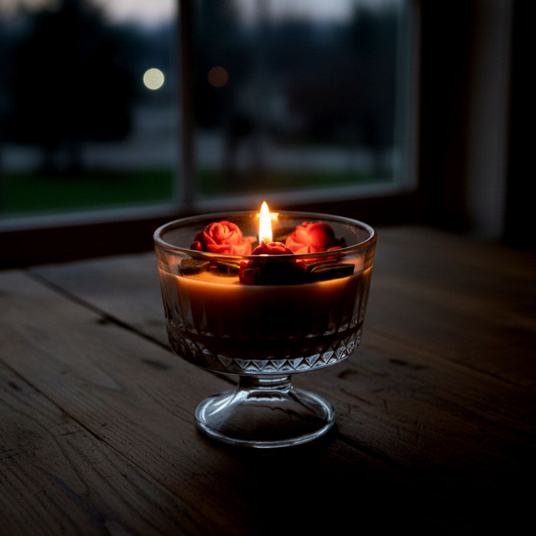 Elegant Rose & Leaf Scented Candle in Glass Pedestal