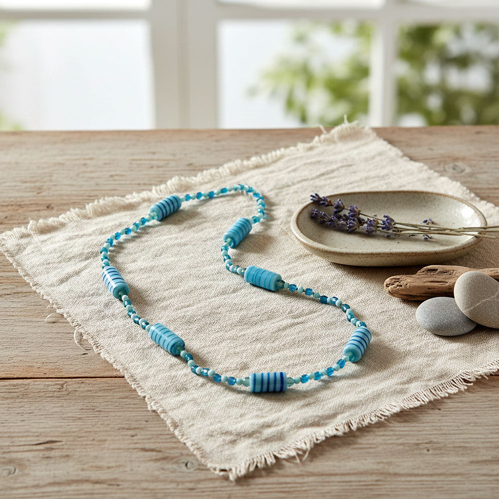 Aqua Murano Style Striped Glass Tube Opera Necklace