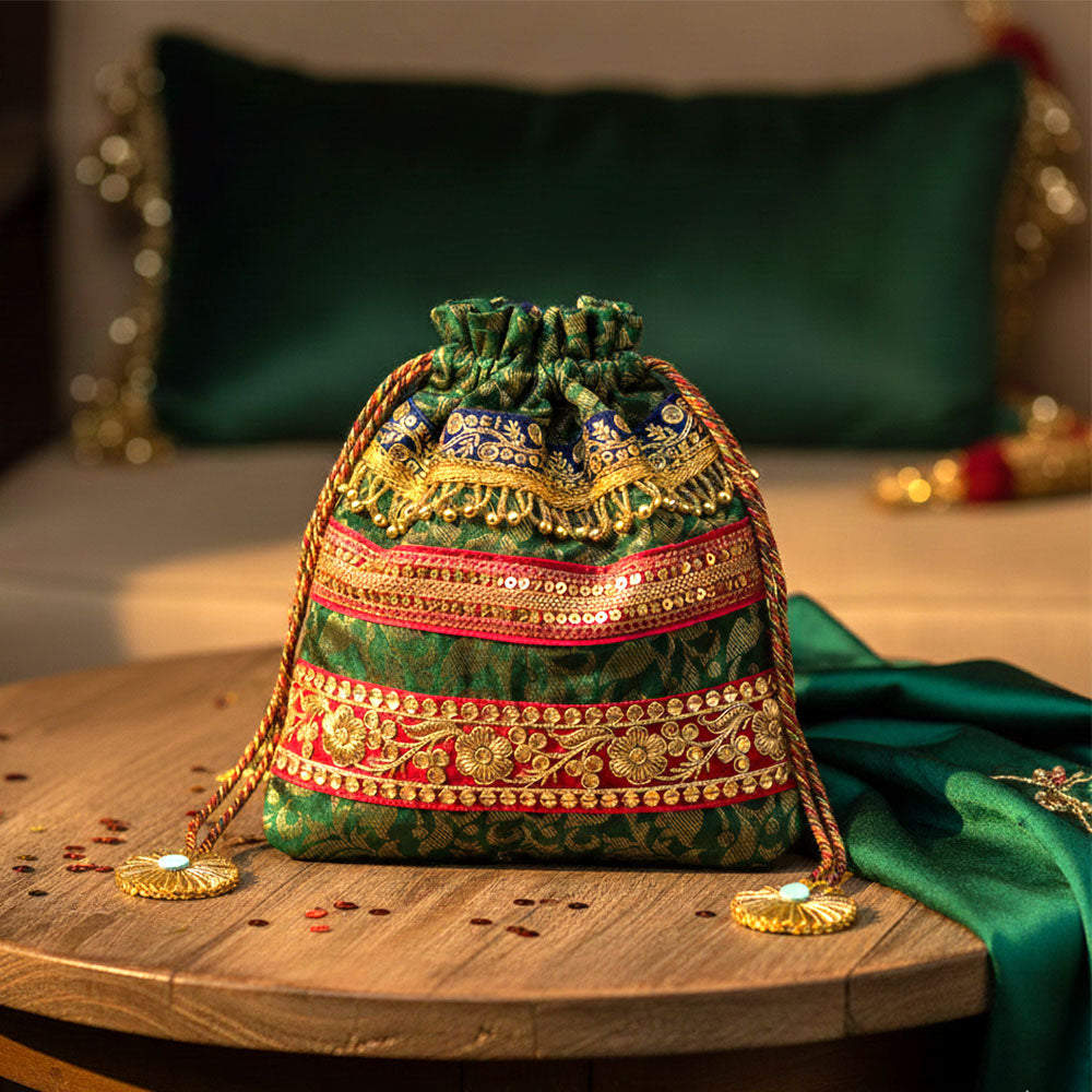 Royal Green and Blue Embroidered Potli Bag