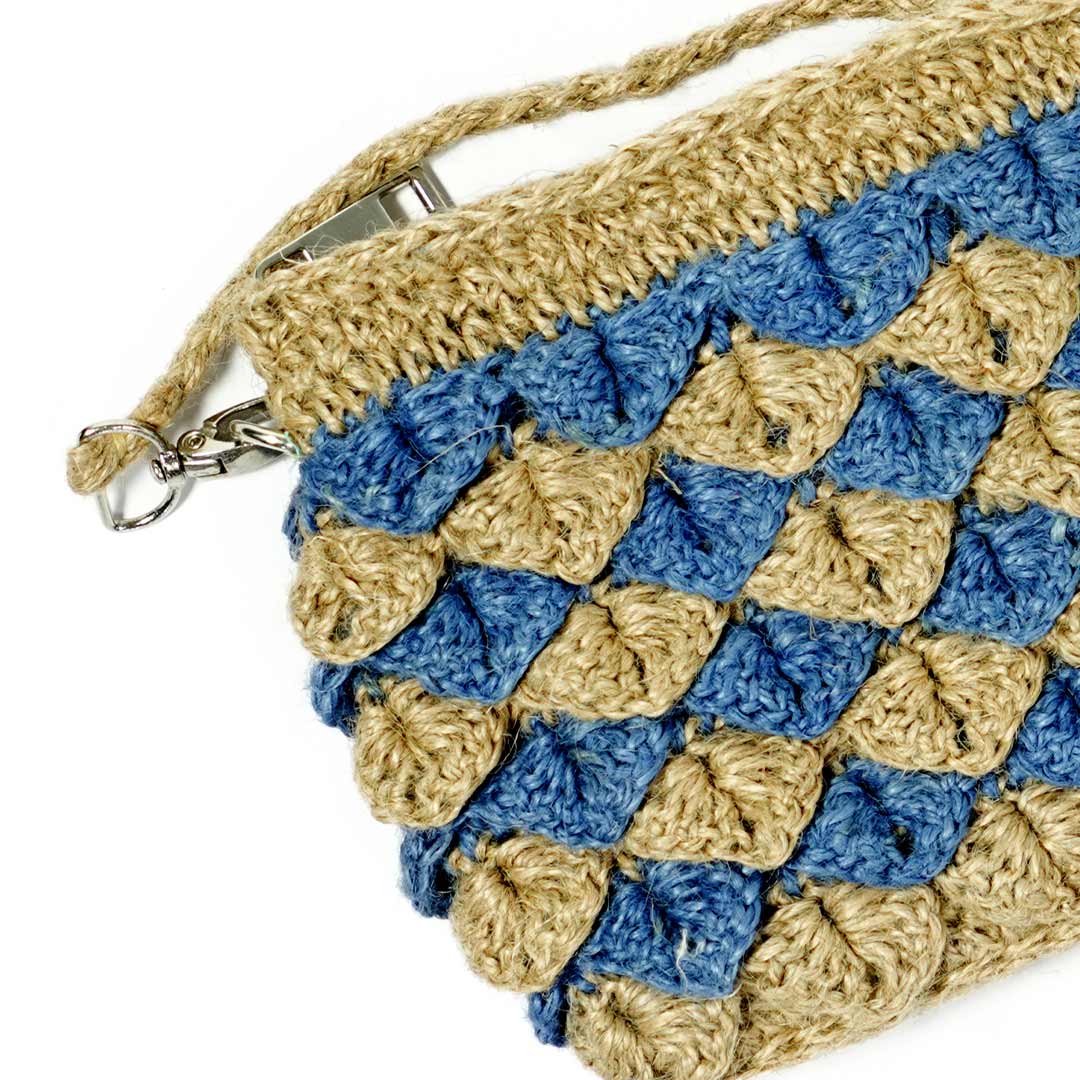 Handmade Jute Crochet Crossbody Bag - Blue & Natural Pattern