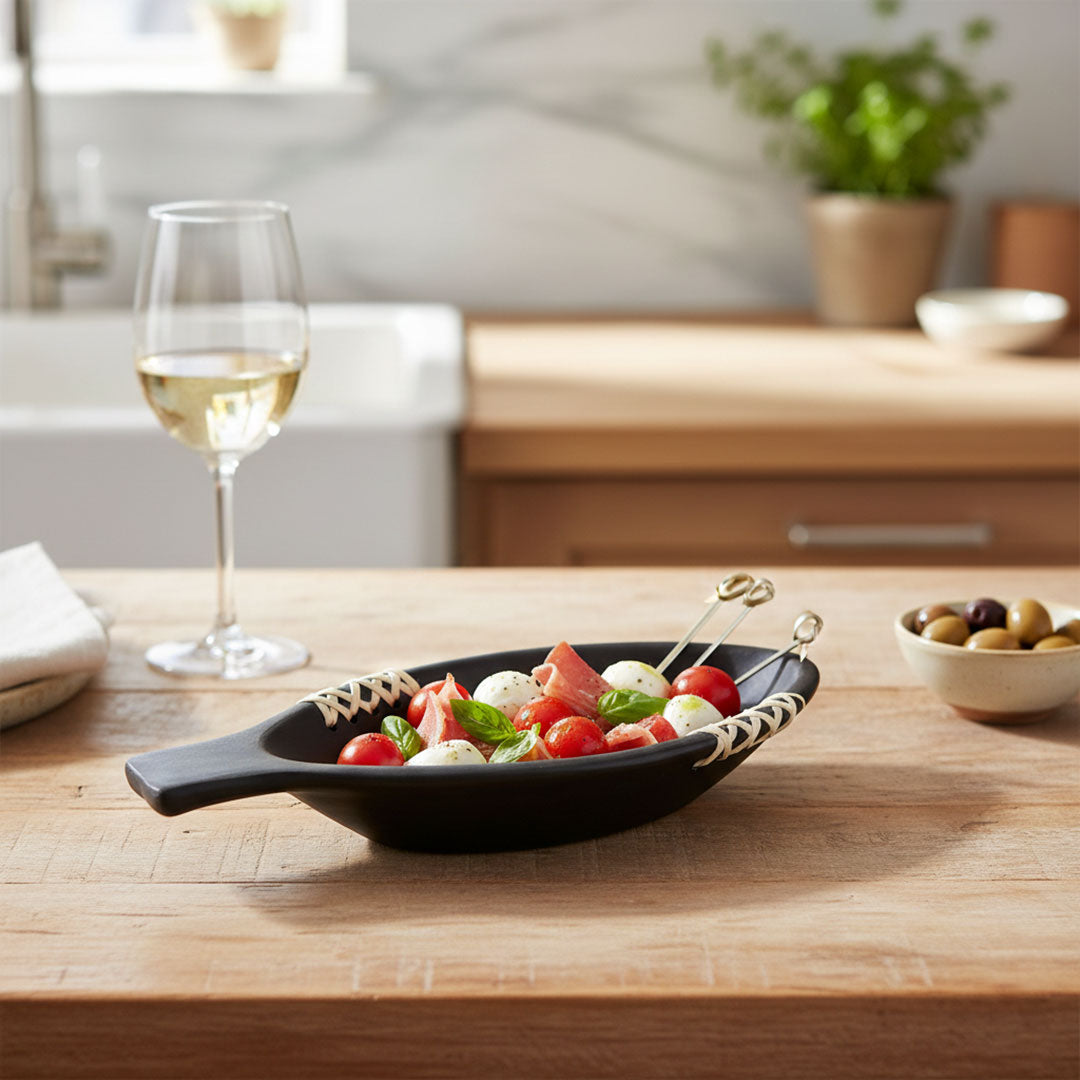 Handcrafted Longpi Black Pottery Snack Dish with Woven Detail