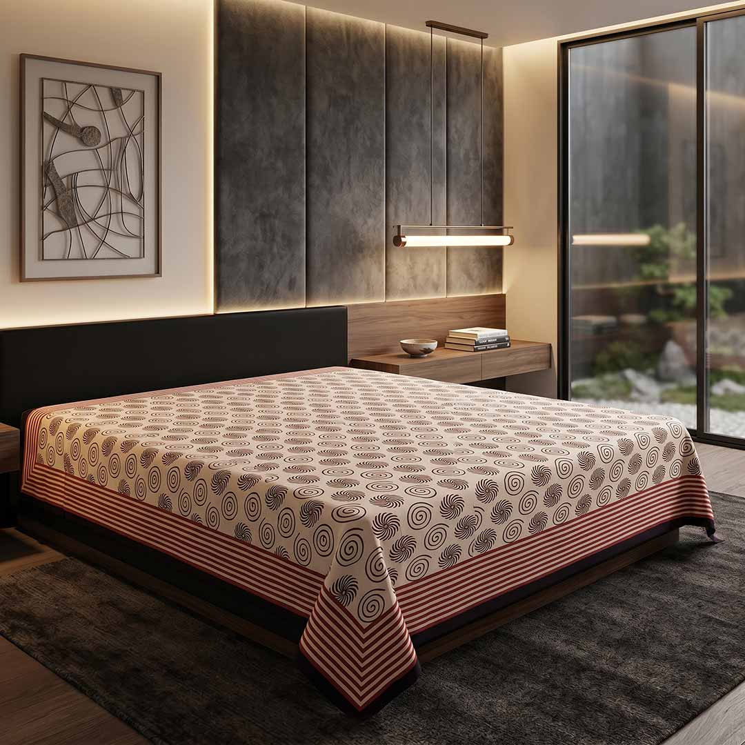 Artisanal Swirl Print Block Printed Vegetable Dye Bedsheet