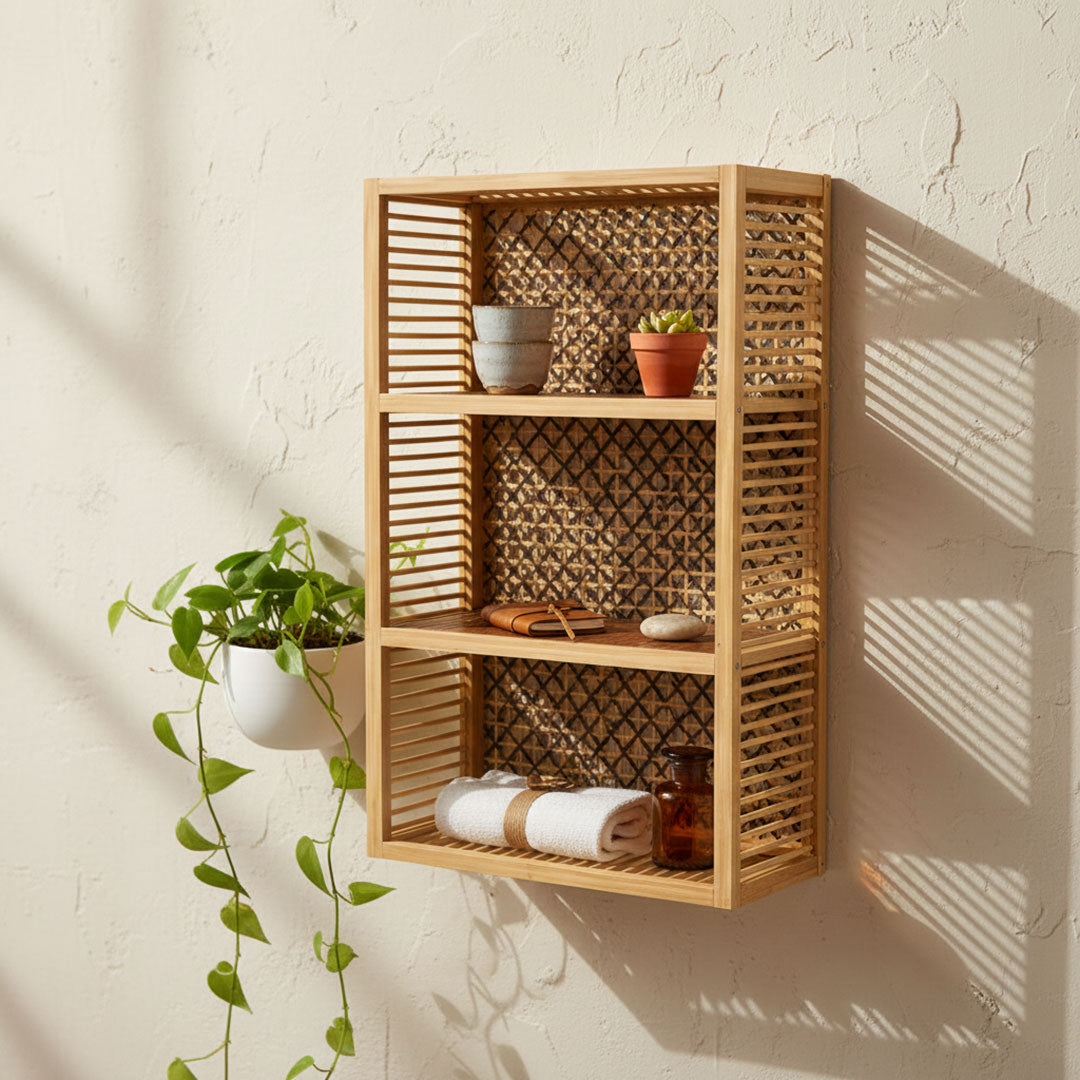 3-Tier Bamboo & Rattan Open Shelving Unit