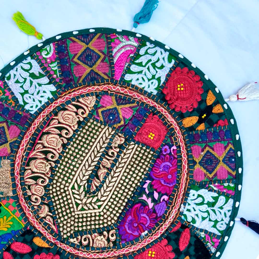 Handcrafted Kasida Kari Round Table Runner with Tassels