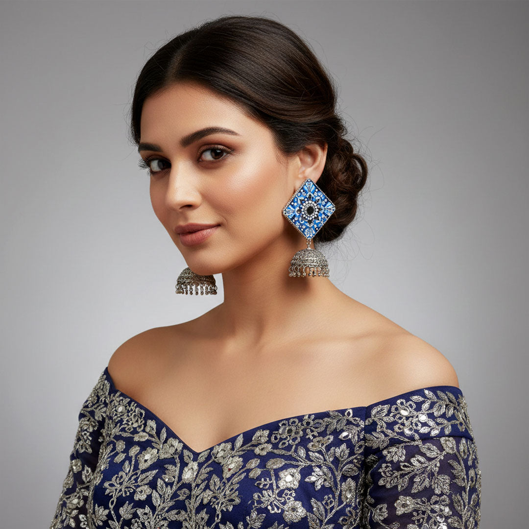 Handmade Blue Mandala Diamond Jhumka Earrings with Mirror Work